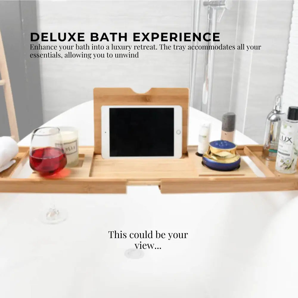 Luxury Adjustable Bamboo Bath Tray Caddy - Spa Book Wine & Accessories Holder - Furniture > Bathroom > Bathtubs