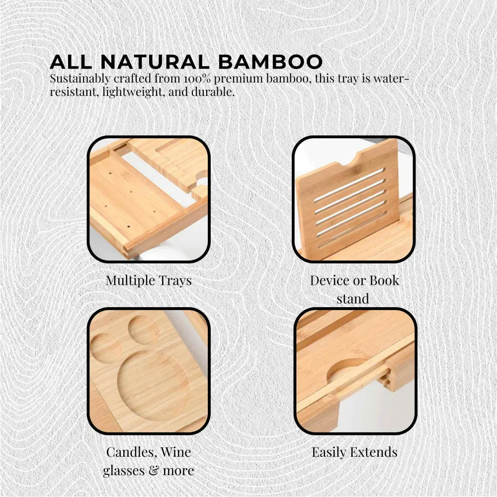 Luxury Adjustable Bamboo Bath Tray Caddy - Spa Book Wine & Accessories Holder - Furniture > Bathroom > Bathtubs