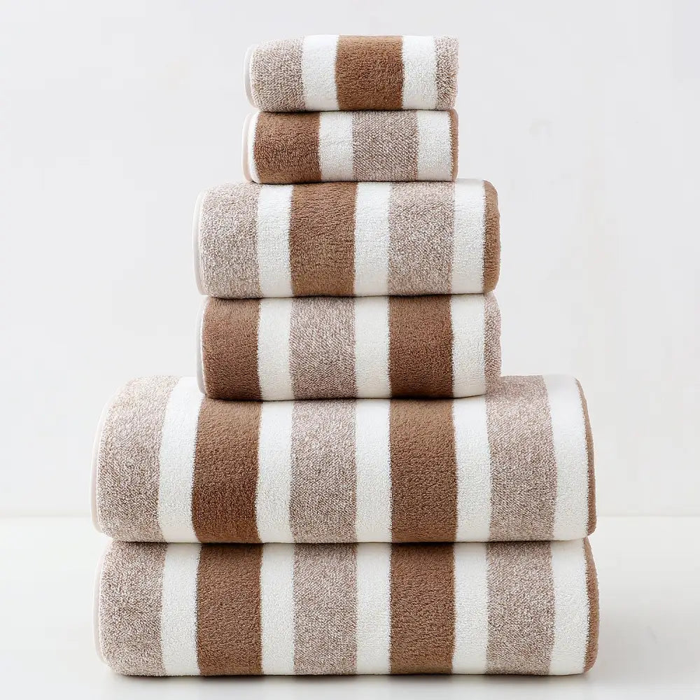 Luxury Cotton Brown Wide Stripe Towel Set - 6 Piece Set (2 Hand Towels 2 Bath Towels 2 Washcloths) Ultra Soft