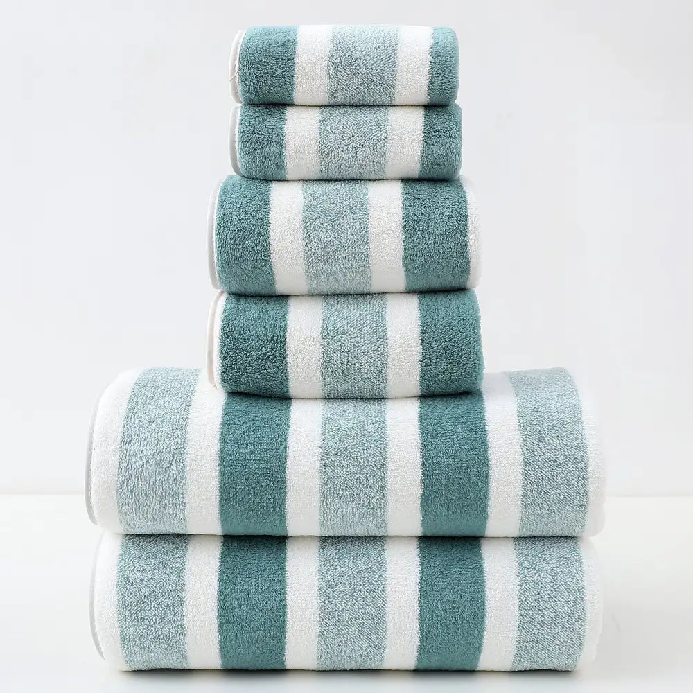 Luxury Cotton Green Wide Stripe Towel Set - 6 Piece Set (2 Hand Towels 2 Bath Towels 2 Washcloths) Ultra Soft