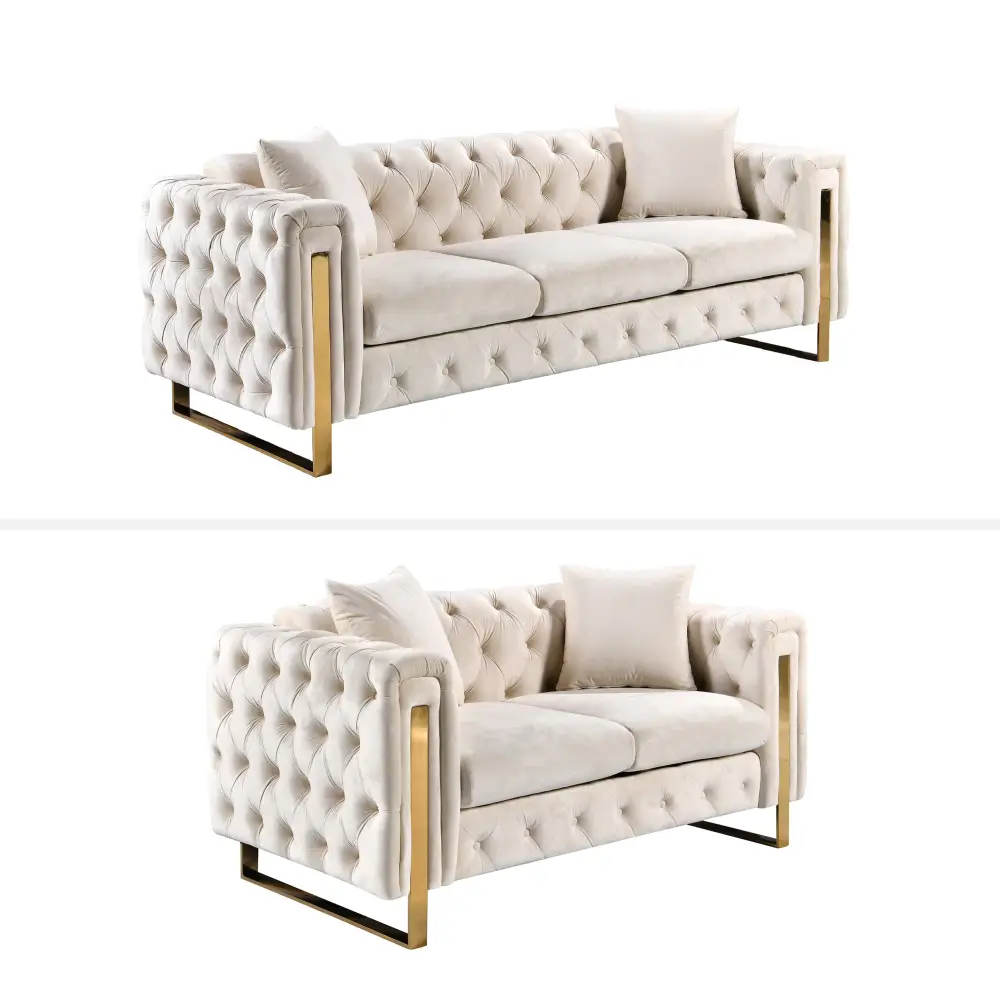 Madeline Range - Beige Velvet - Gold Trims - Furniture > Sofas