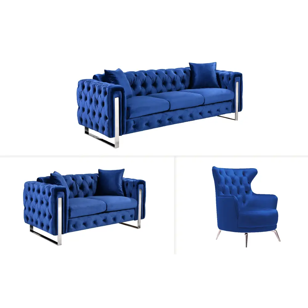 Madeline Range - Blue Velvet - Silver Trims - Furniture > Sofas