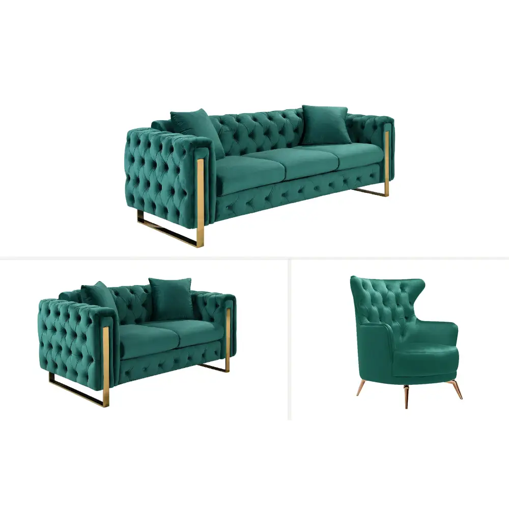 Madeline Range - Green Velvet - Gold Trims - Furniture > Sofas