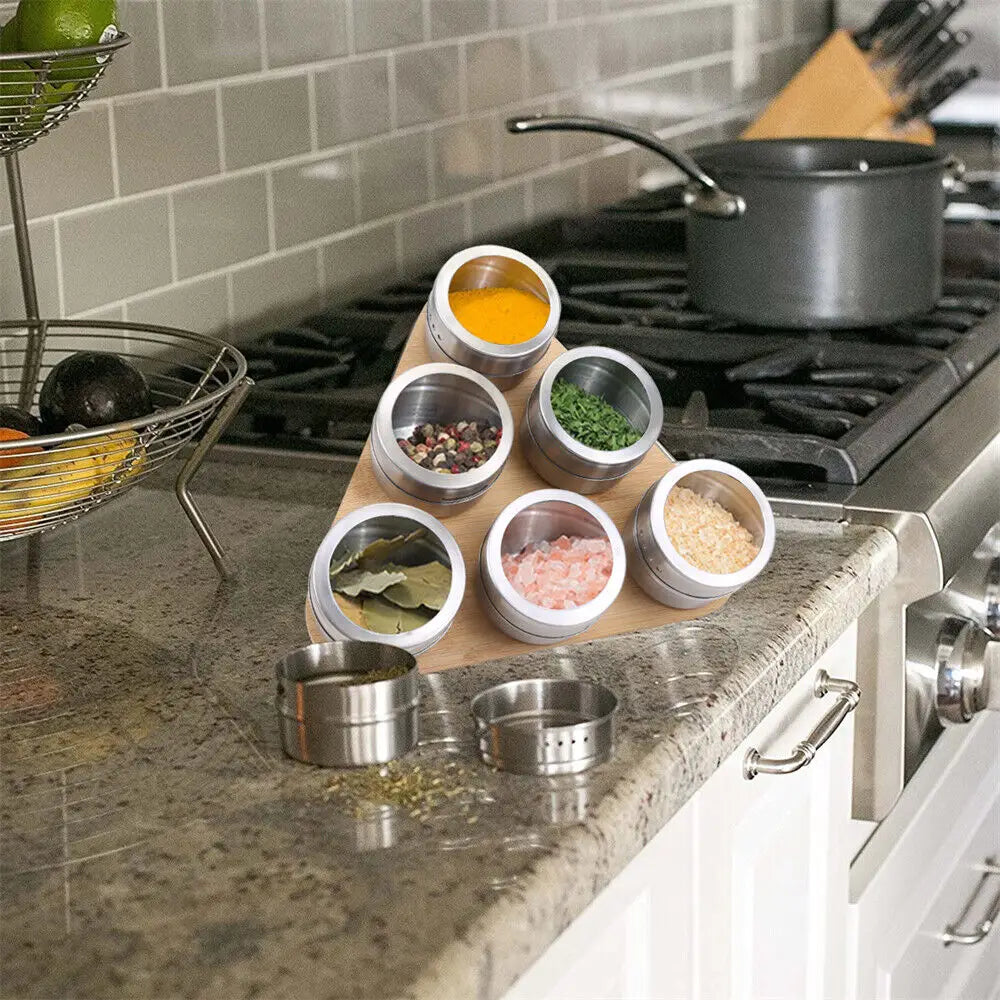Magnetic Triangular Bamboo Spice Rack & Jars For Kitchen Storage - Furniture > Office > Storage Cabinets