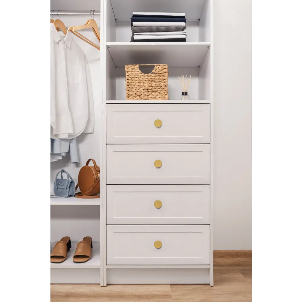 MALMO 3 SHELF 4 DRAWER WALK IN WARDROBE - WHITE - HAMPTONS - ROUND BRASS - Home & Garden > Storage > Clothing &