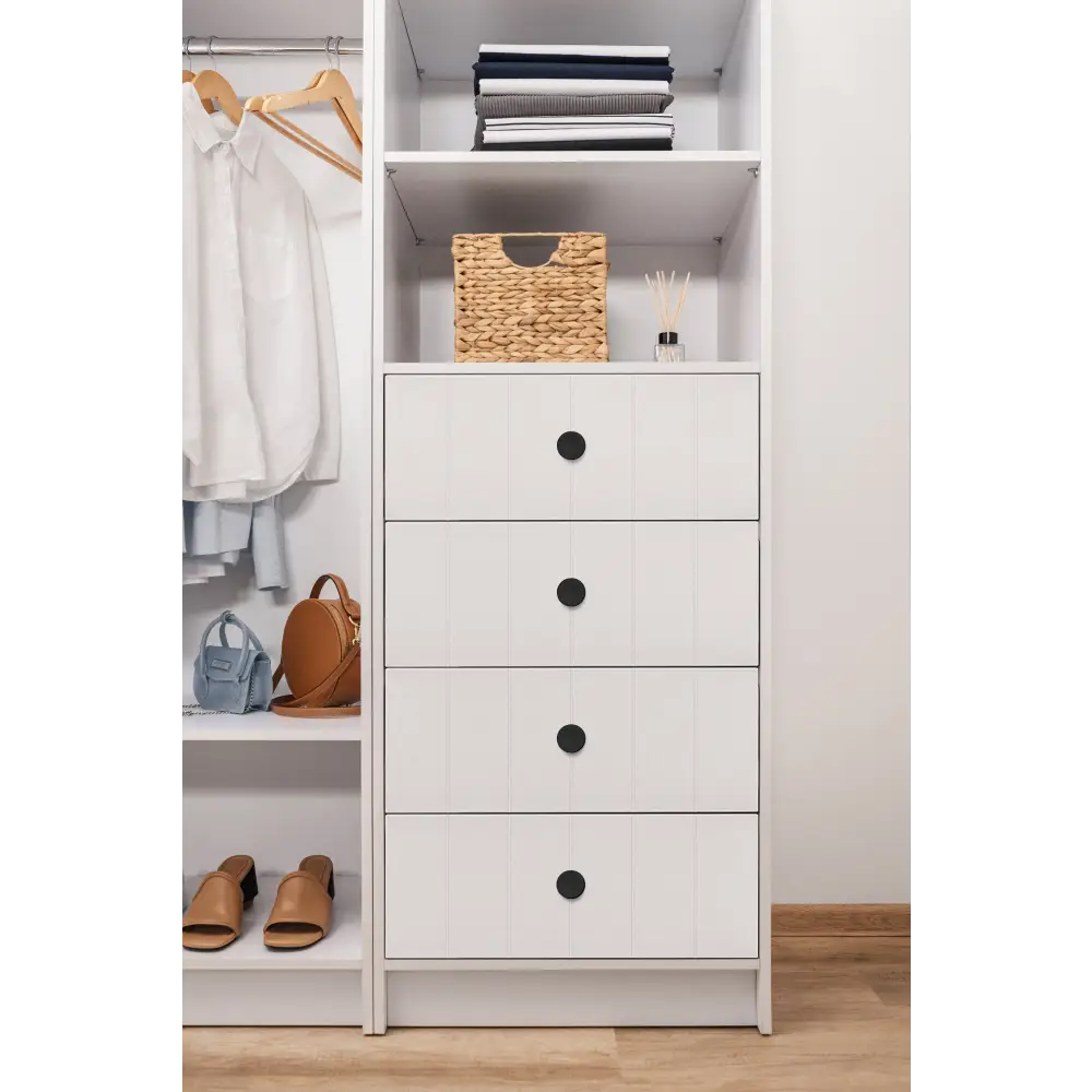MALMO 3 SHELF 4 DRAWER WALK IN WARDROBE - WHITE - VJ PANEL - ROUND BLACK - Home & Garden > Storage > Clothing &