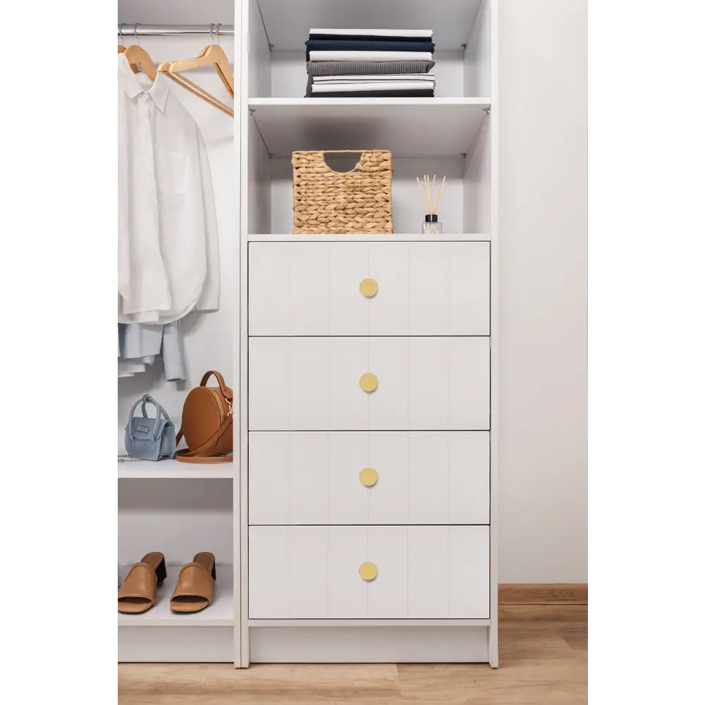 MALMO 3 SHELF 4 DRAWER WALK IN WARDROBE - WHITE - VJ PANEL - ROUND BRASS - Home & Garden > Storage > Clothing &