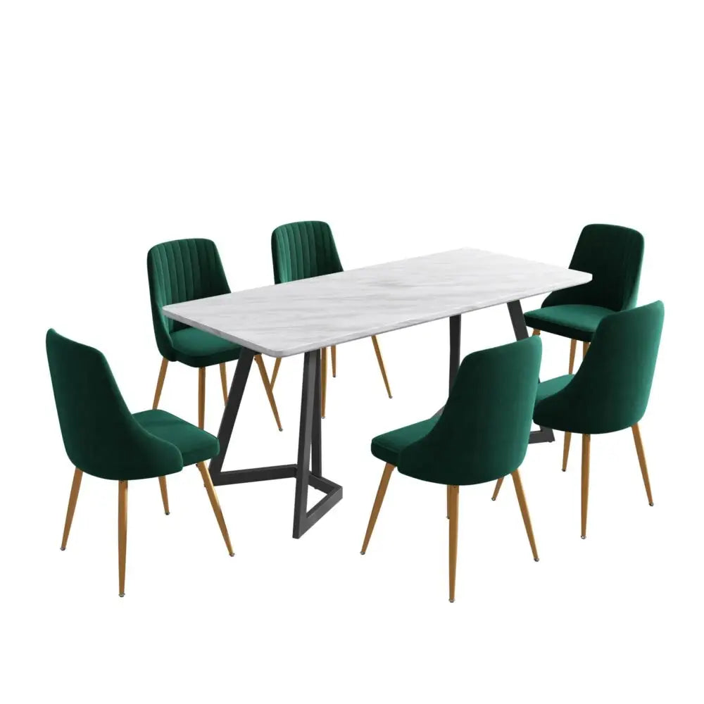 Marbleous Green Velvet Dining Set - Furniture > Dining