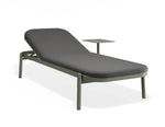 A modern outdoor chaise lounge chair with a dark gray cushioned seat and backrest, supported by an olive green metal frame with integrated legs and a matching side table, shown on a white background.