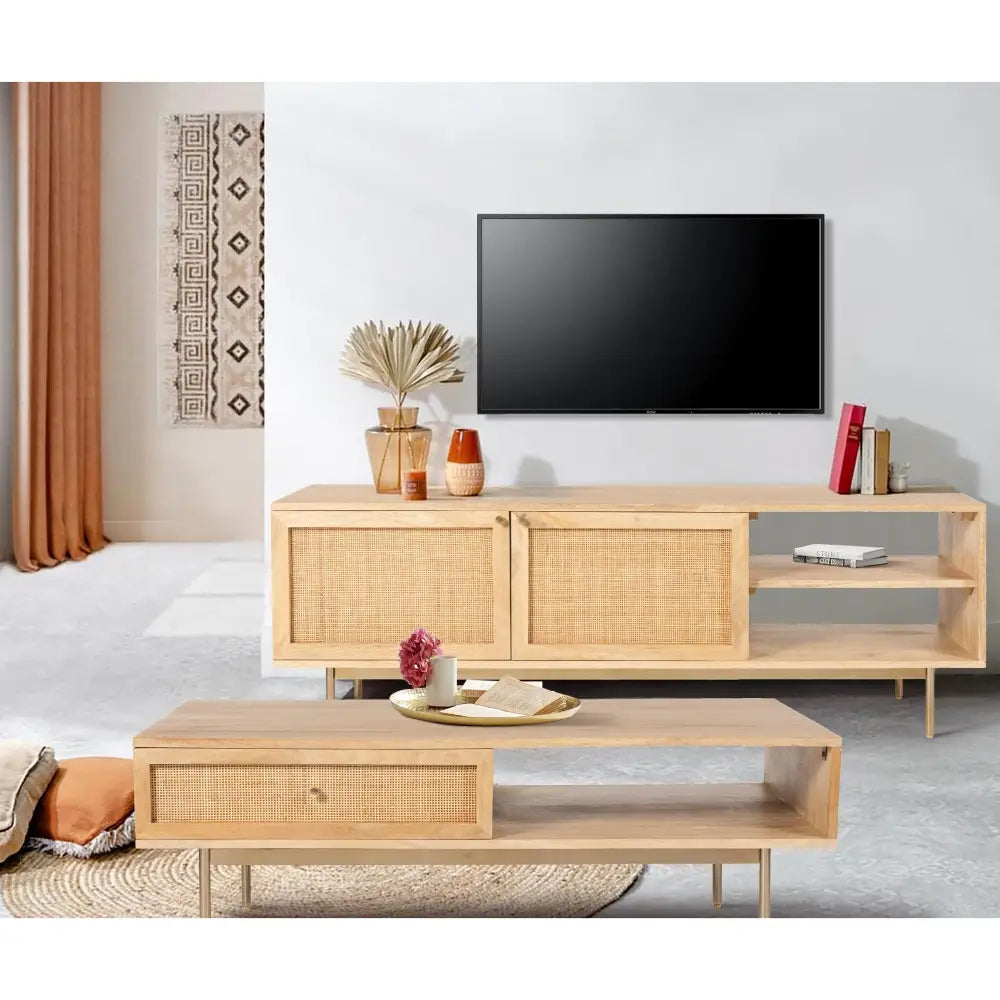 Martina ETU Entertainment TV Unit 175cm Solid Mango Wood Rattan Furniture - Furniture > Living Room