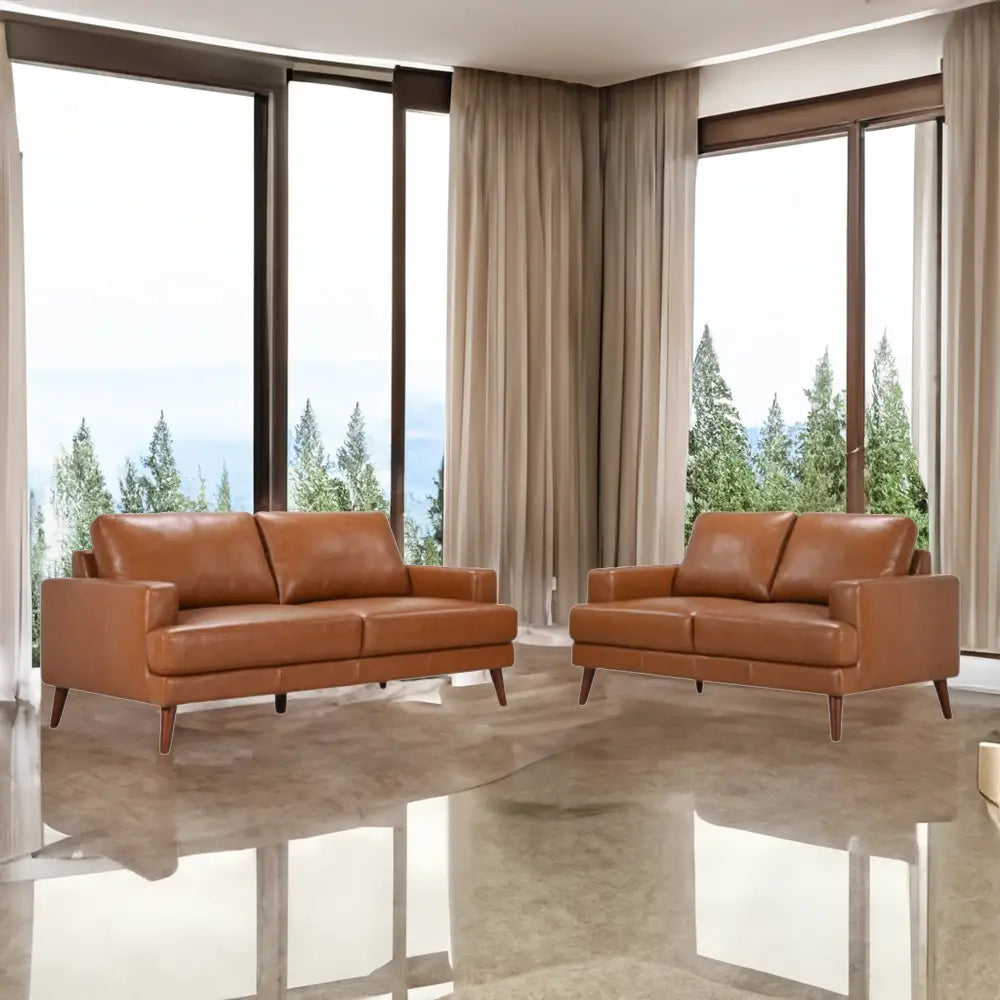 Matilda 2 + 3 Seater Sofa Leather Upholstered Lounge Set - Tan - Furniture > Sofas