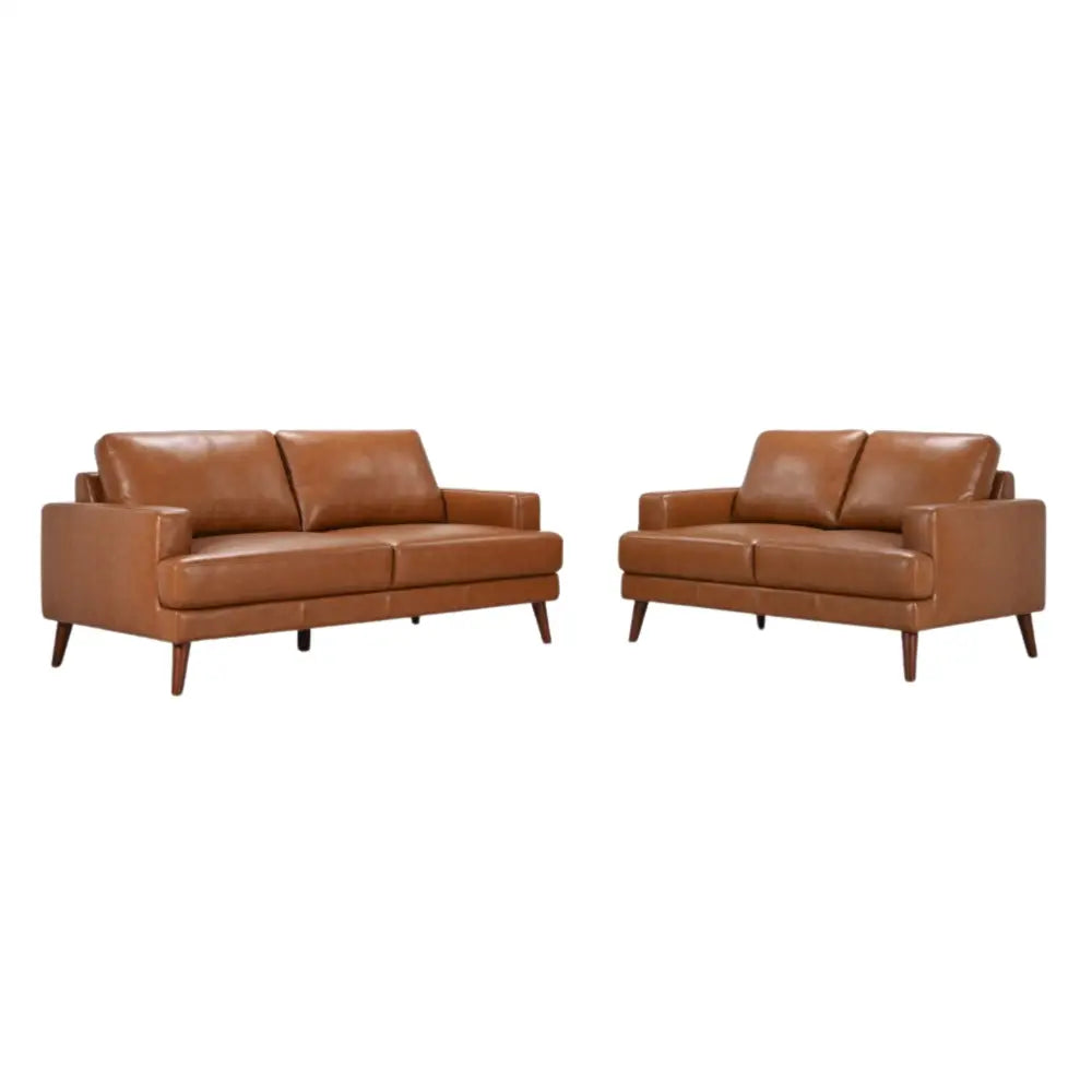Matilda 2 + 3 Seater Sofa Leather Upholstered Lounge Set - Tan - Furniture > Sofas