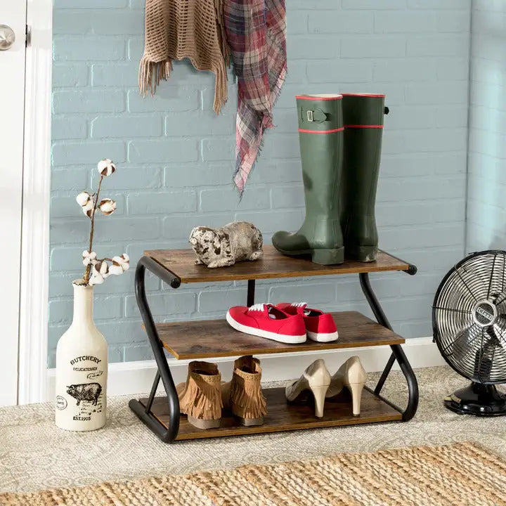 Matte Black Frame Rustic Wood 3-Tier Medium Shoe Rack Shelf Stand Storage Organizer - Furniture > Living Room