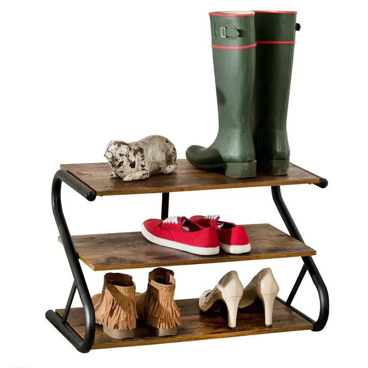 Matte Black Frame Rustic Wood 3-Tier Medium Shoe Rack Shelf Stand Storage Organizer - Furniture > Living Room