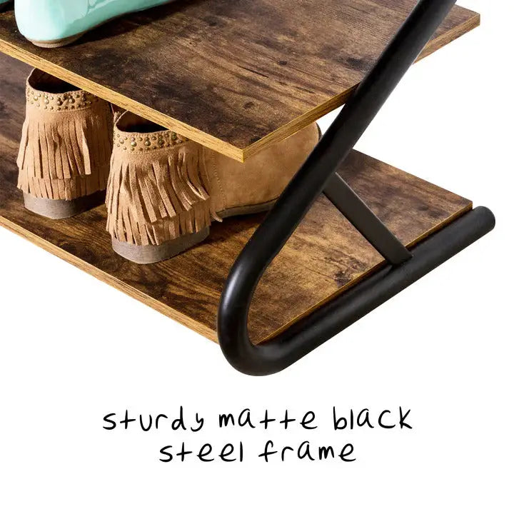 Matte Black Frame Rustic Wood 3-Tier Medium Shoe Rack Shelf Stand Storage Organizer - Furniture > Living Room