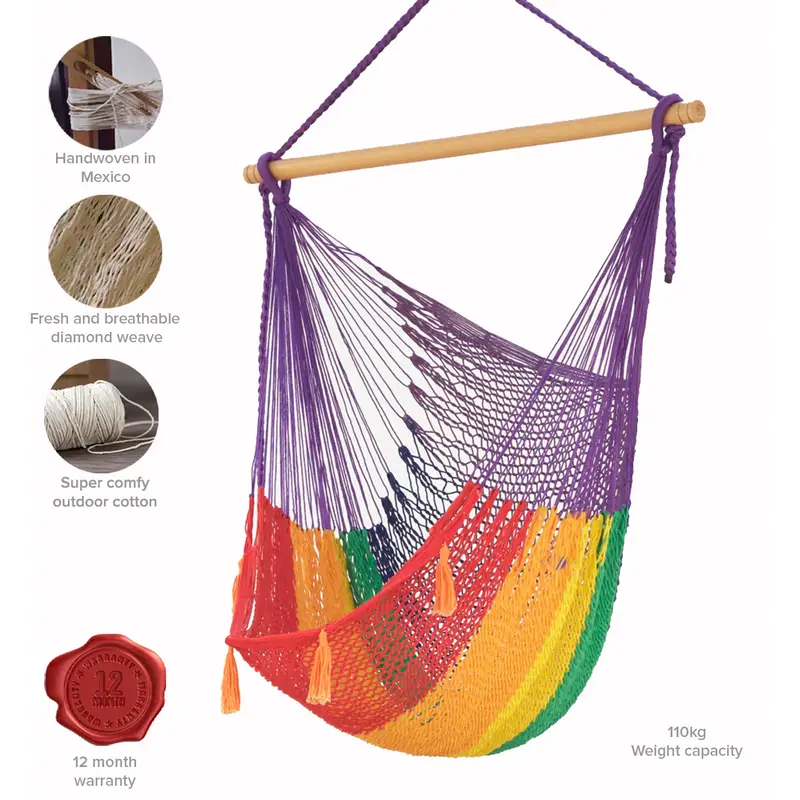 Mayan Legacy Extra Large Outdoor Cotton Mexican Hammock Chair in Rainbow Colour - Home & Garden > Hammocks