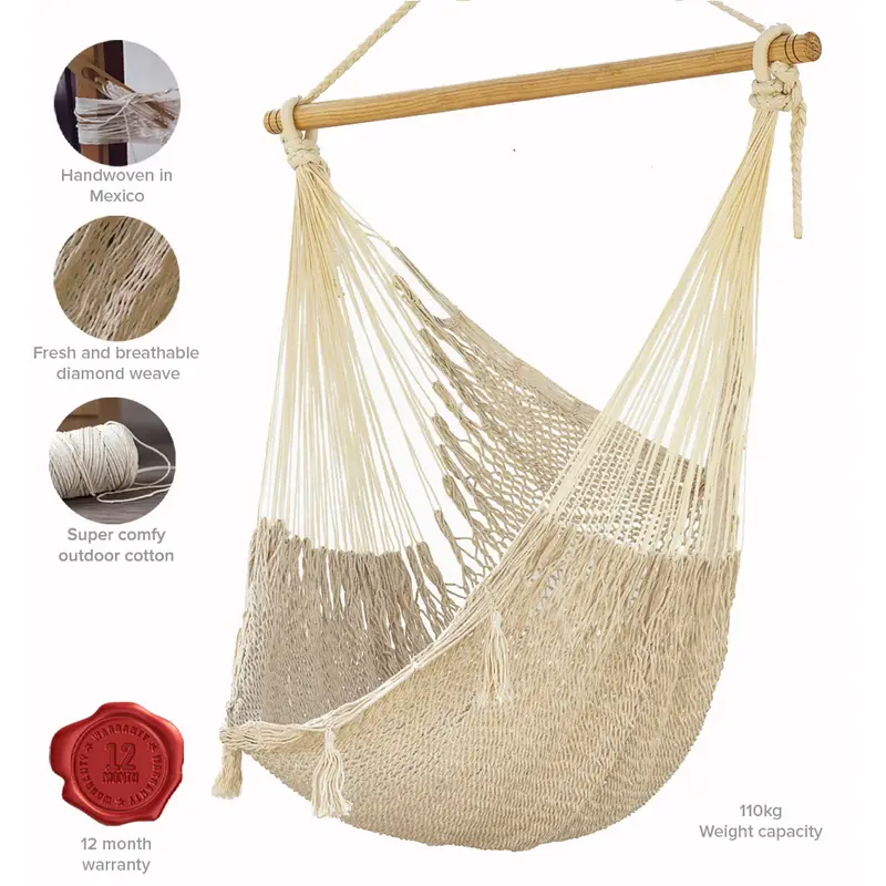 Mayan Legacy Extra Large Outdoor Cotton Mexican Hammock Chair in Cream Colour - Home & Garden > Hammocks