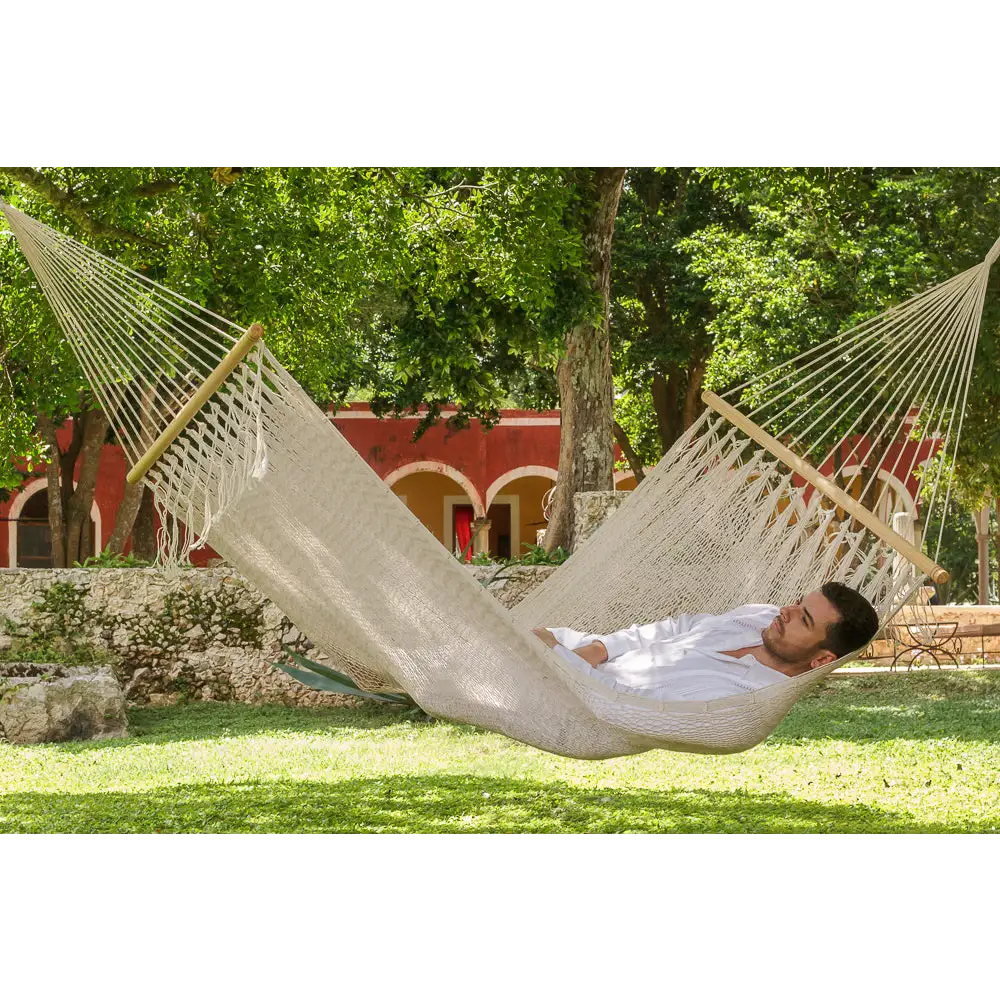 Mayan Legacy Queen Size Outdoor Cotton Mexican Resort Hammock With Fringe in Cream Colour - Home & Garden > Hammocks