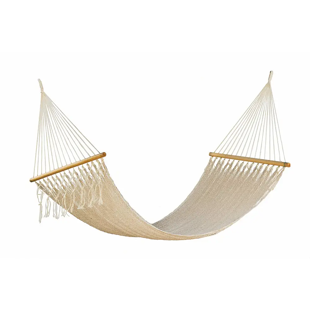 Mayan Legacy Queen Size Outdoor Cotton Mexican Resort Hammock With Fringe in Cream Colour - Home & Garden > Hammocks