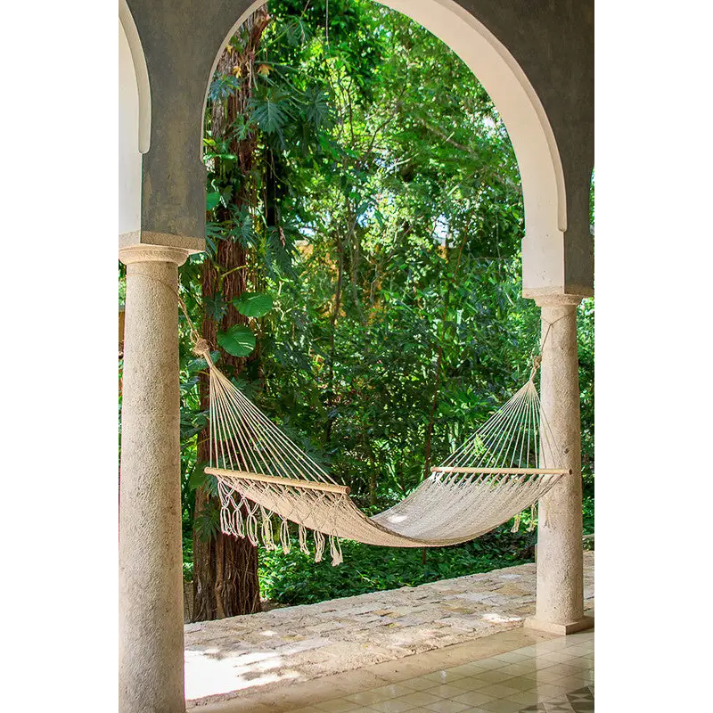 Mayan Legacy Queen Size Outdoor Cotton Mexican Resort Hammock With Fringe in Cream Colour - Home & Garden > Hammocks