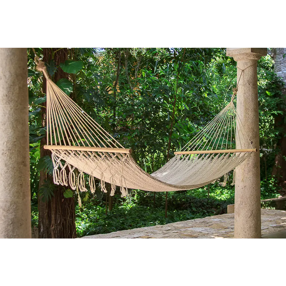 Mayan Legacy Queen Size Outdoor Cotton Mexican Resort Hammock With Fringe in Cream Colour - Home & Garden > Hammocks