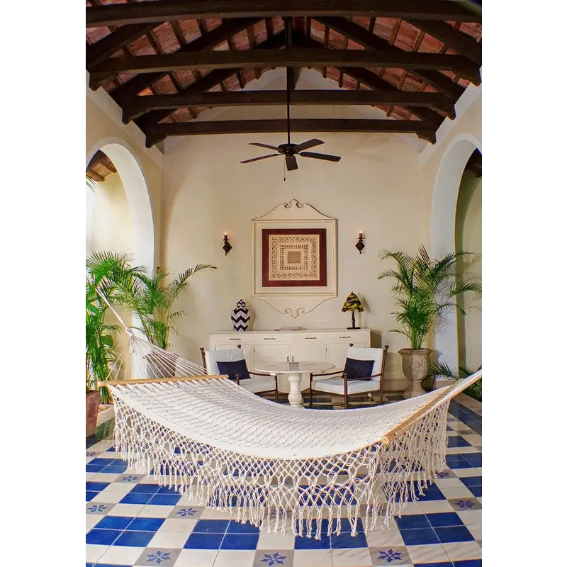 Mayan Legacy Queen Size Outdoor Cotton Mexican Resort Hammock With Fringe in Cream Colour - Home & Garden > Hammocks
