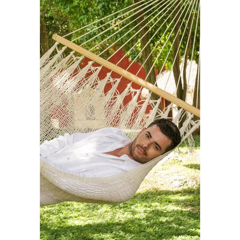 Mayan Legacy Queen Size Outdoor Cotton Mexican Resort Hammock With Fringe in Cream Colour - Home & Garden > Hammocks