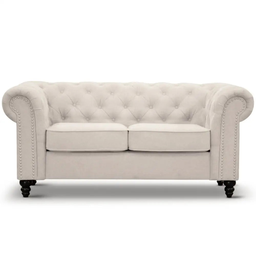 Mellowly 2 Seater Sofa Fabric Uplholstered Chesterfield Lounge Couch - Beige - Furniture > Sofas
