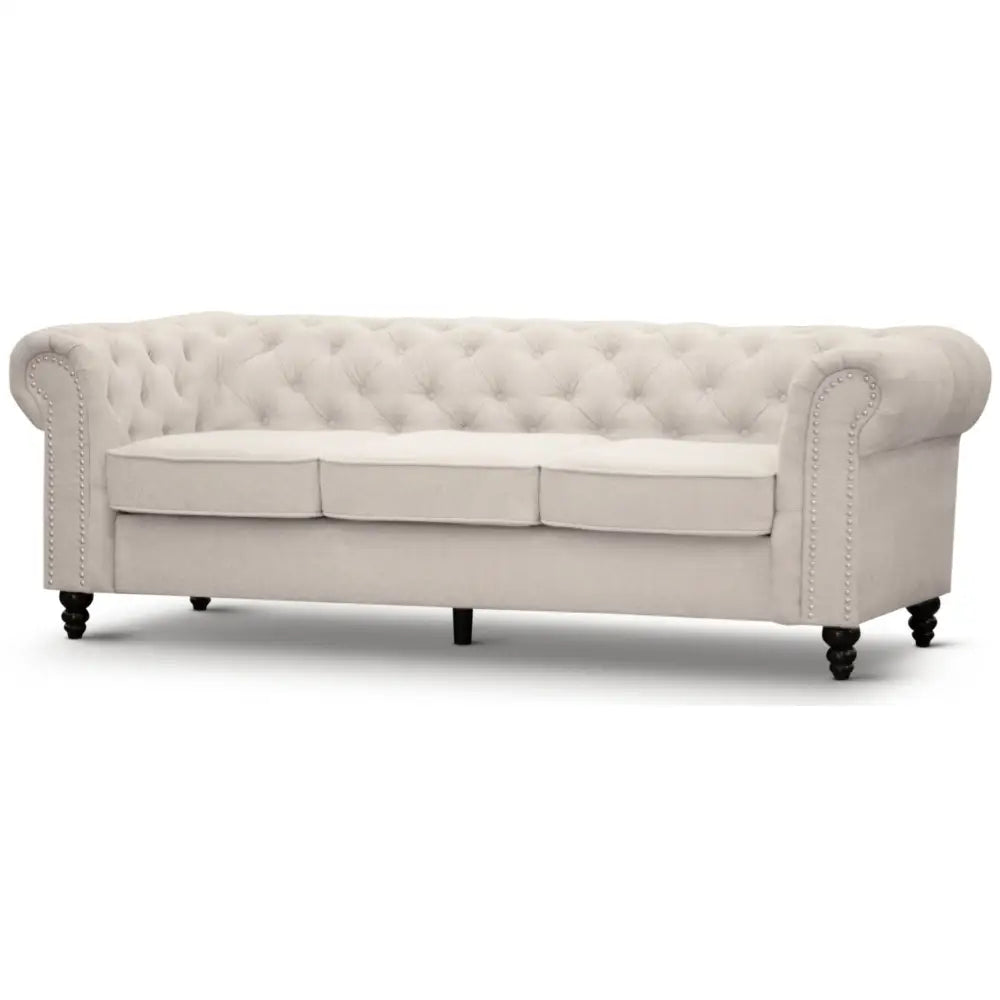 Mellowly 3 Seater Sofa Fabric Uplholstered Chesterfield Lounge Couch - Beige - Furniture > Sofas