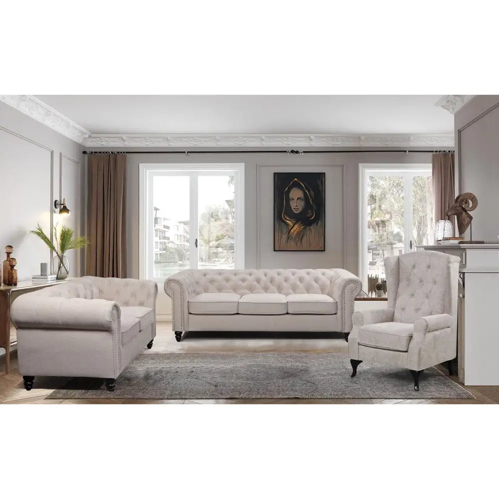 Mellowly 3 Seater Sofa Fabric Uplholstered Chesterfield Lounge Couch - Beige - Furniture > Sofas