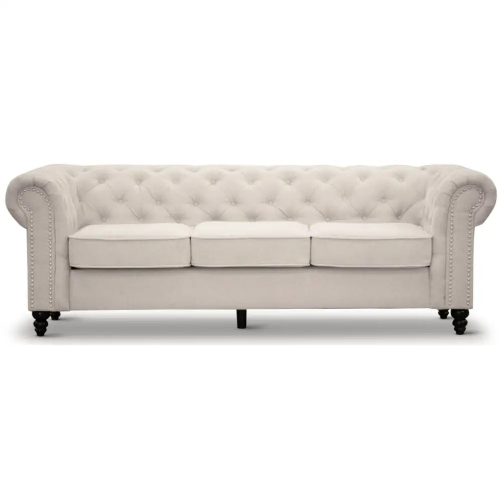 Mellowly 3 Seater Sofa Fabric Uplholstered Chesterfield Lounge Couch - Beige - Furniture > Sofas