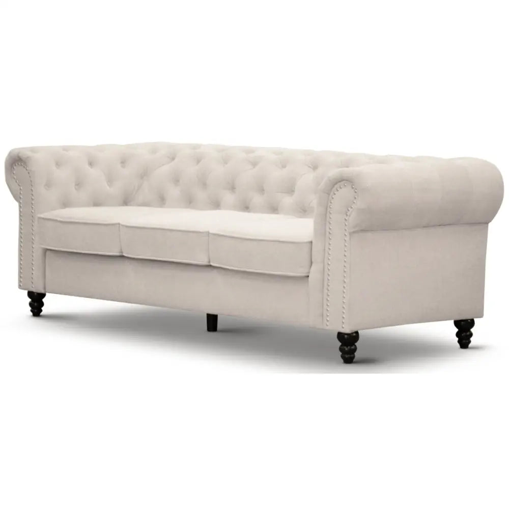 Mellowly 3 Seater Sofa Fabric Uplholstered Chesterfield Lounge Couch - Beige - Furniture > Sofas