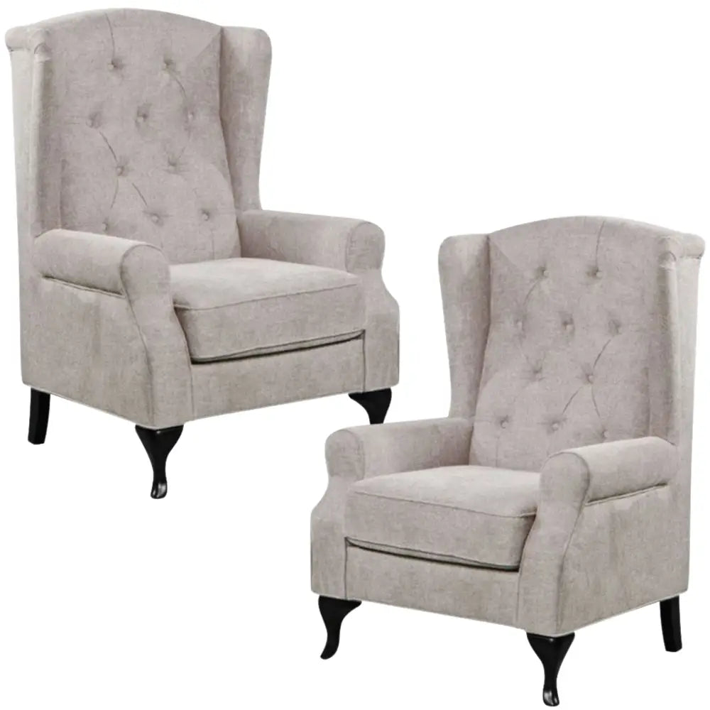 Mellowly Set of 2 Wing Back Chair Sofa Fabric Chesterfield Armchair - Beige - Furniture > Sofas