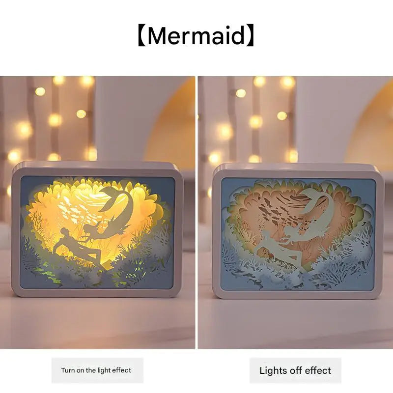 Mermaid 3D Paper Carving Night Light - USB Or Battery Powered Decorative Bedside Lamp | Atmosphere Lamp for Bedroom