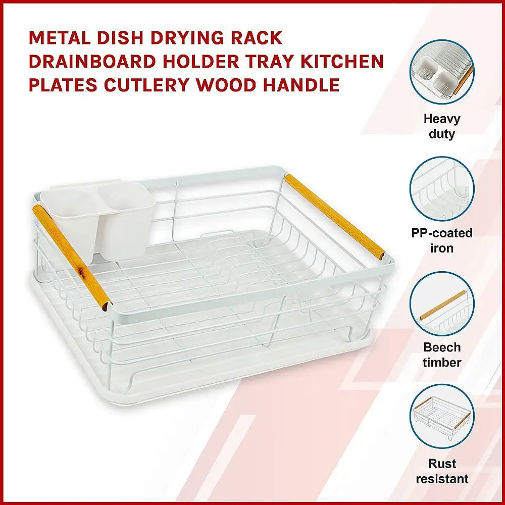 Metal Dish Drying Rack Drainboard Holder Tray Kitchen Plates Cutlery Wood Handle - Home & Garden > Kitchenware