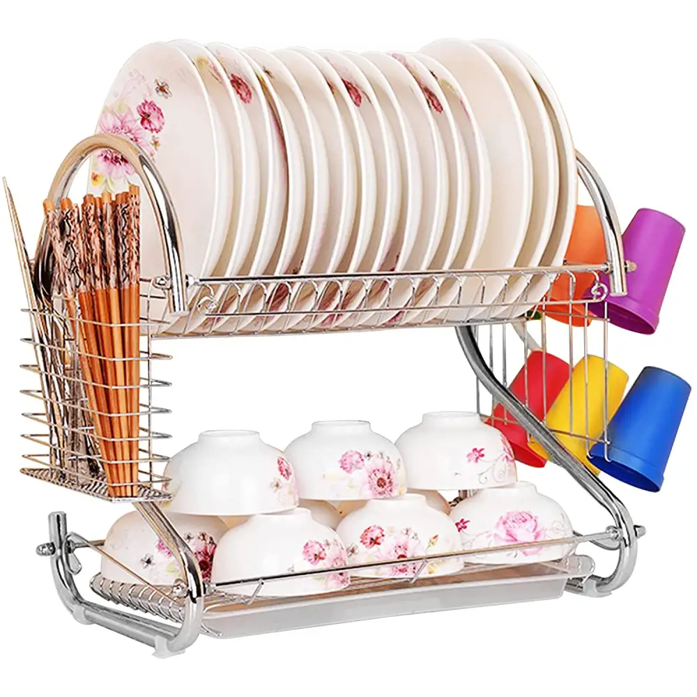 Metal Dish Drying Rack Kitchen-2-Tier with Drain Board - Home & Garden > Kitchenware