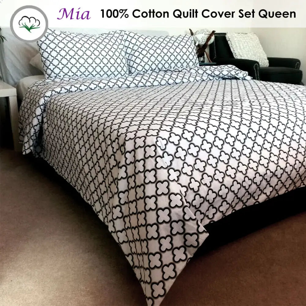 Mia White 100% Cotton Quilt Cover Set Queen - Home & Garden > Bedding > Duvet Covers
