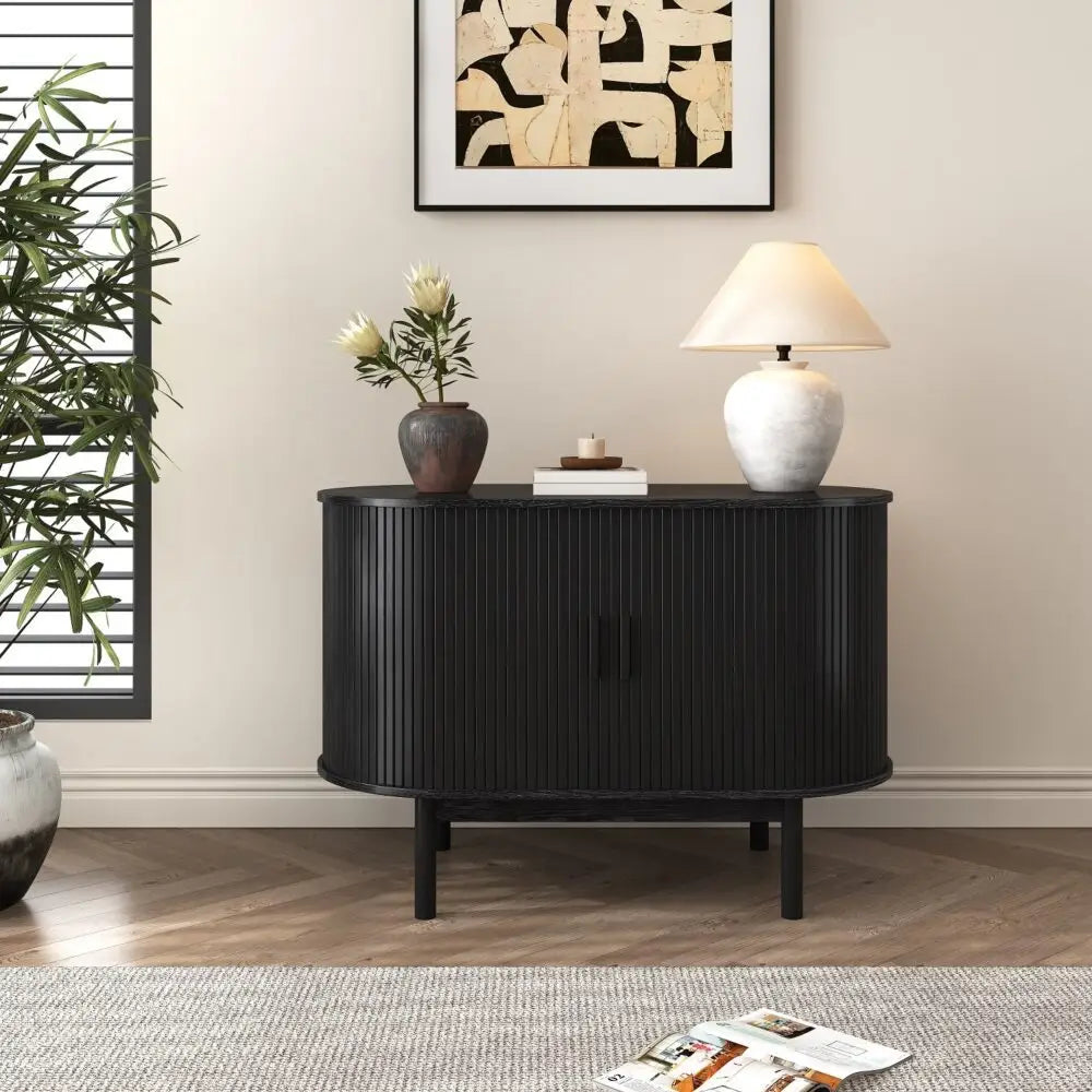 Mid-Century Black Ribbed Sideboard - Furniture > Dining
