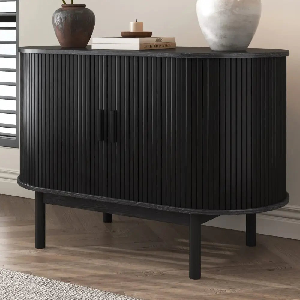 Mid-Century Black Ribbed Sideboard - Furniture > Dining