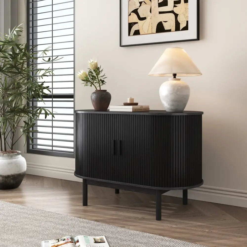 Mid-Century Black Ribbed Sideboard - Furniture > Dining