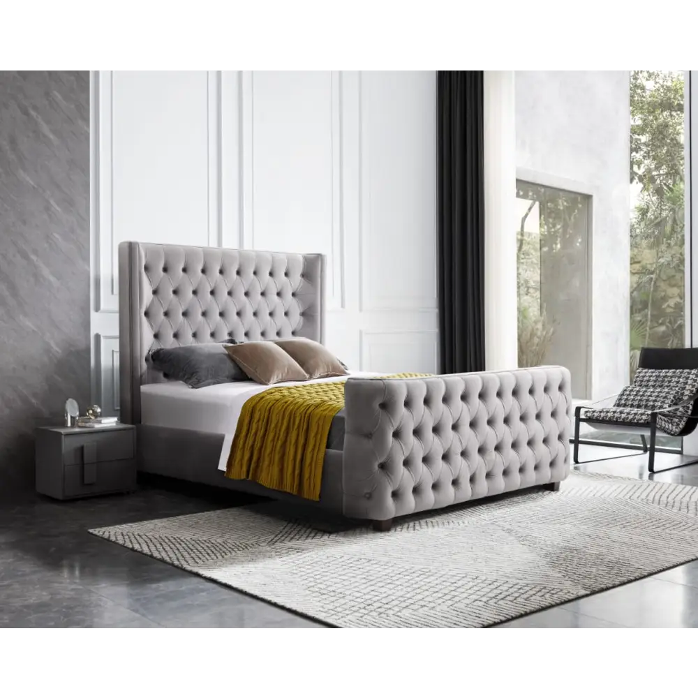 Milan Grey Velvet Tufted Headboard and End board Bed Frame - Queen Size - Furniture > Bedroom