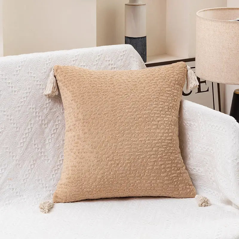 Milk tea yellow Set of 2 Textured Velvet Throw Pillow Covers with Tassels - Decorative Square Cushions 45*45cm - Home &