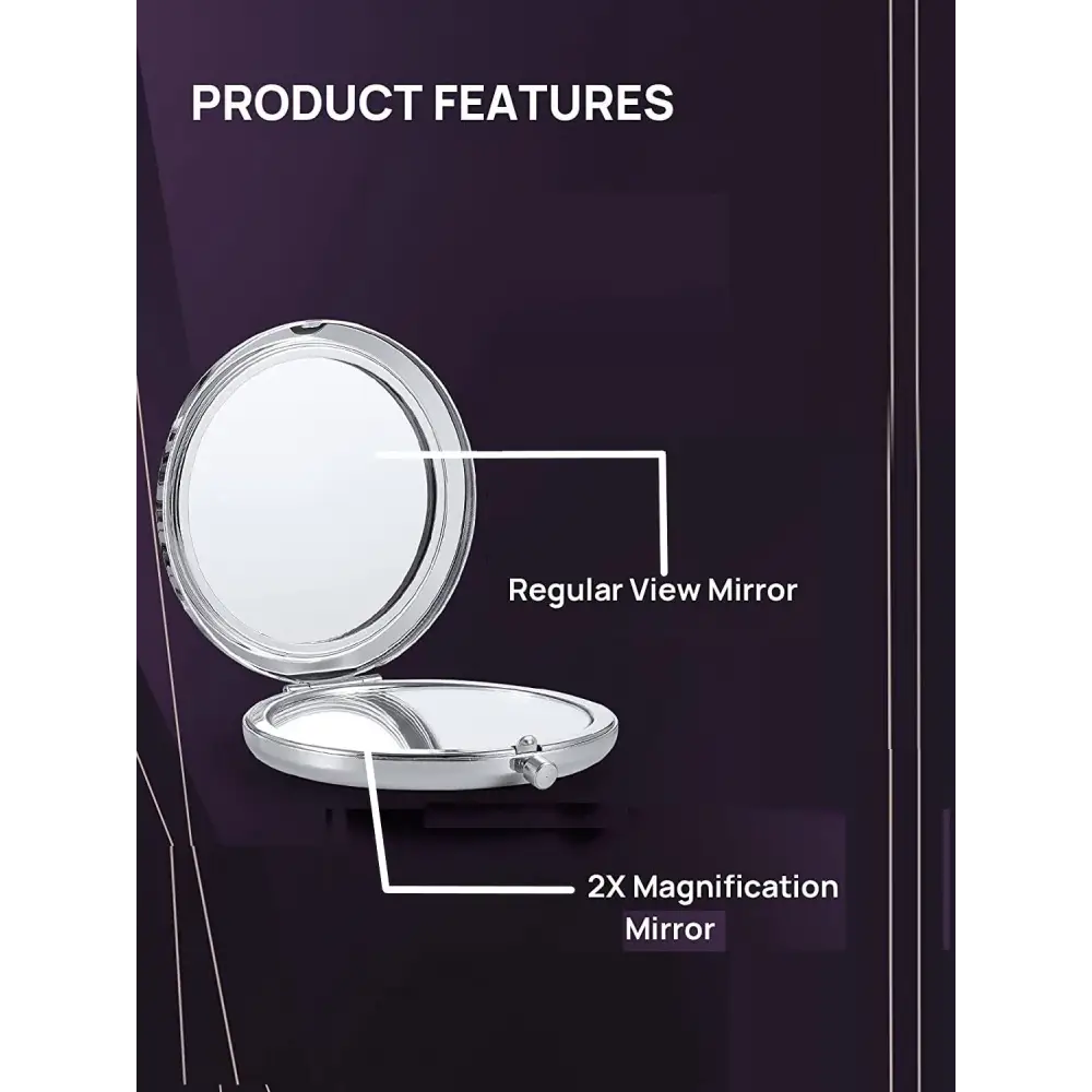 Mini Mix Diamond 1X/2X Magnifying Round Metal Pocket Makeup Mirror (Silver) - Health & Beauty > Makeup > Makeup Mirrors