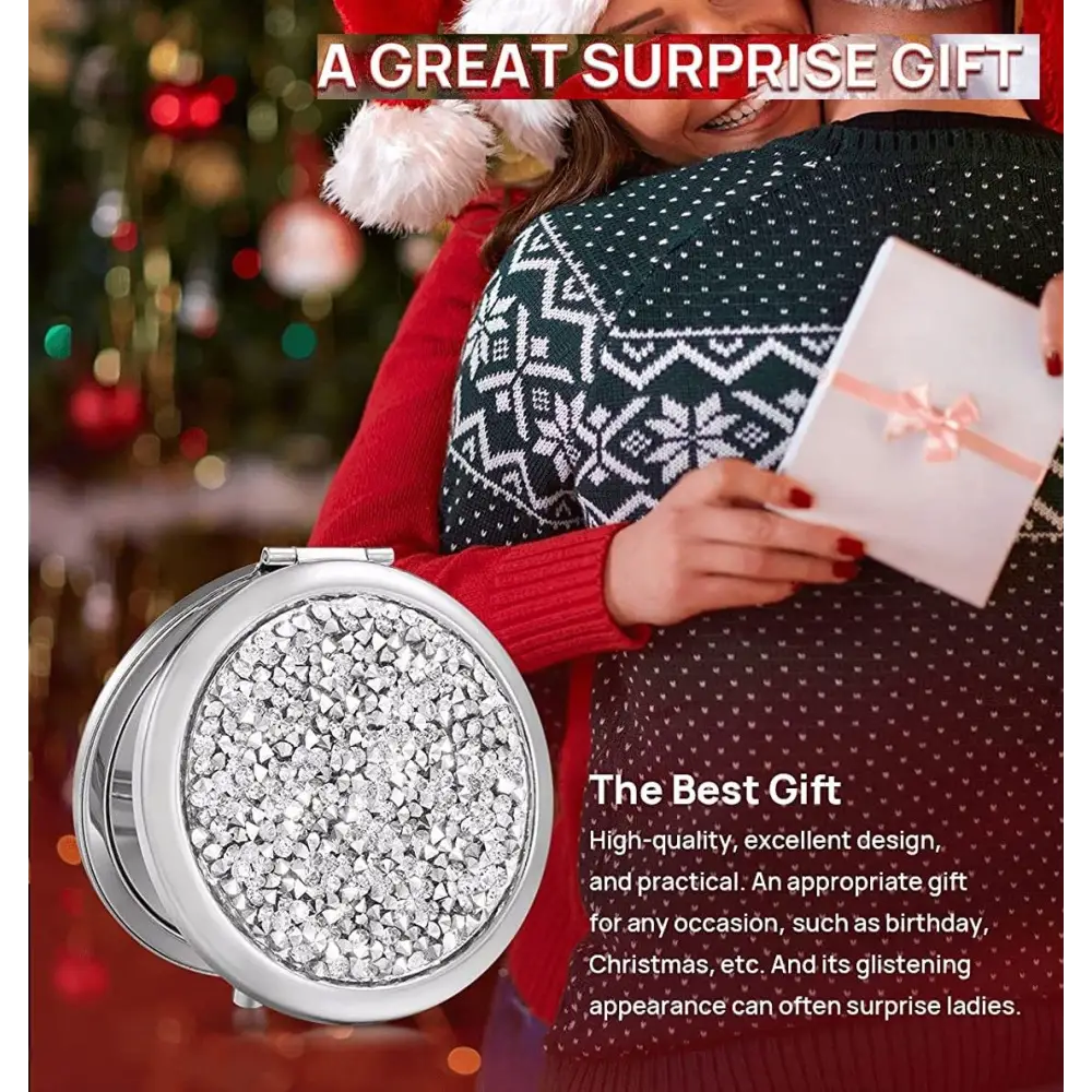 Mini Mix Diamond 1X/2X Magnifying Round Metal Pocket Makeup Mirror (Silver) - Health & Beauty > Makeup > Makeup Mirrors