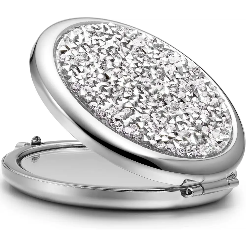 Mini Mix Diamond 1X/2X Magnifying Round Metal Pocket Makeup Mirror (Silver) - Health & Beauty > Makeup > Makeup Mirrors