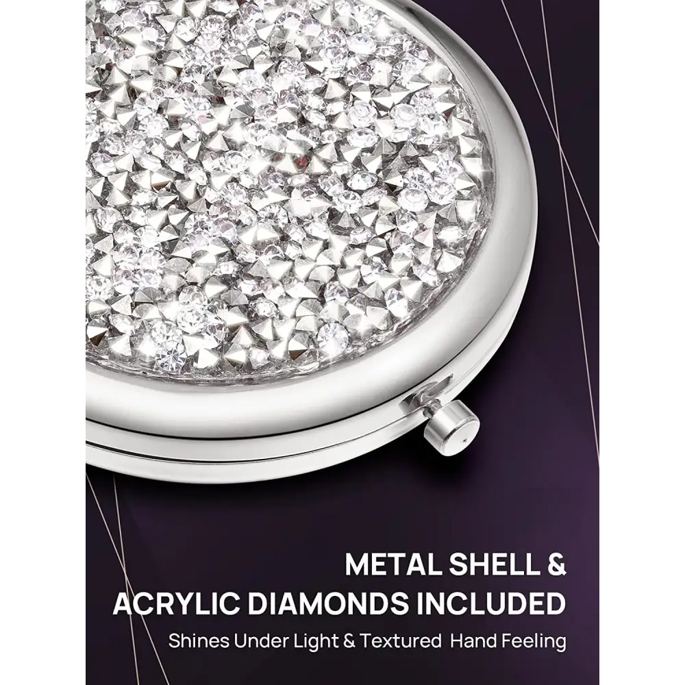 Mini Mix Diamond 1X/2X Magnifying Round Metal Pocket Makeup Mirror (Silver) - Health & Beauty > Makeup > Makeup Mirrors