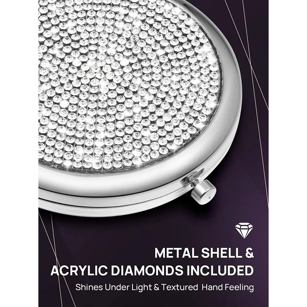 Mini Small Diamond 1X/2X Magnifying Round Metal Pocket Makeup Mirror (Silver) - Health & Beauty > Makeup > Makeup