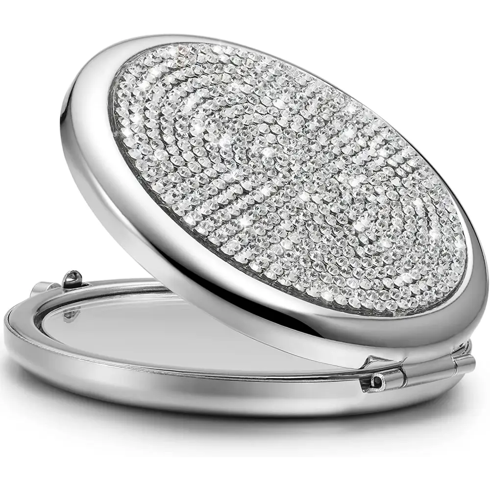 Mini Small Diamond 1X/2X Magnifying Round Metal Pocket Makeup Mirror (Silver) - Health & Beauty > Makeup > Makeup