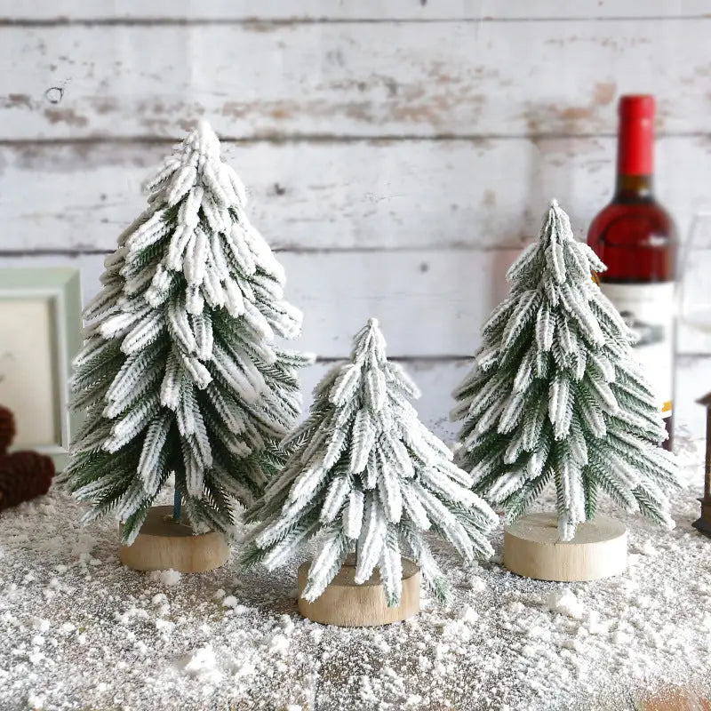 Miniature Snowy Artificial Pine Tree Decoration - 11.42 Inch Tabletop Christmas Tree with Wooden Base - Occasions >