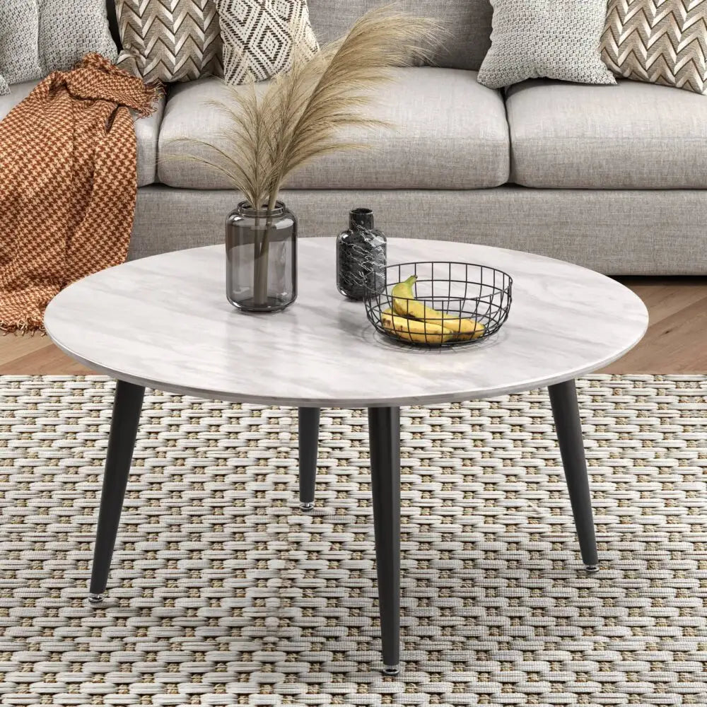Minimalist Marble Effect Round Coffee Table - Furniture > Living Room